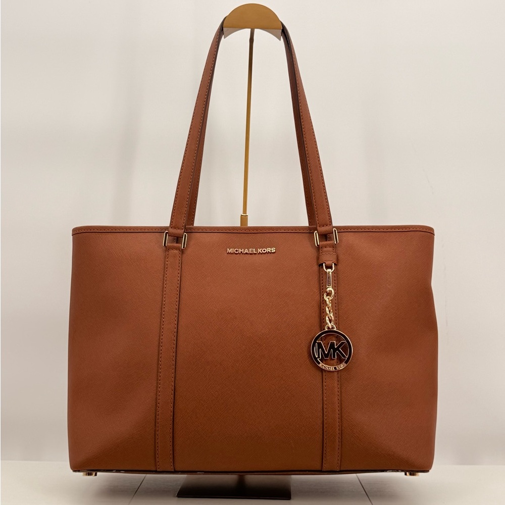 Michael Kors Large Jet Set Carryall Tote Bag Brown Saffiano Leather Shoulder